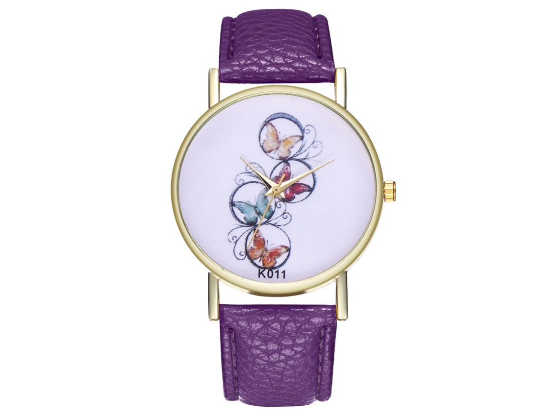 Reloj De Pulsera Unisex De Cuarzo Con Correa De Piel Sintética Con Estampado De Mariposas Moradas.