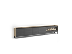 Mueble Tv, Televisión, 315x35x61cm, Para Tv Hasta 80", Chimenea Eléctrica Xxl, Diseño Industrial, Led, Negro Y Roble