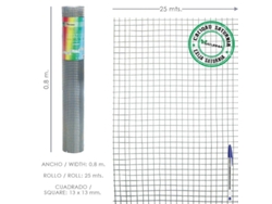 Malla electrosoldada galvanizada 13x13 / 80 cm. rollo 25 metros uso domestico