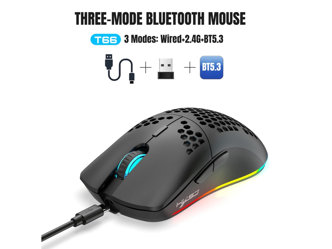 Ratón inalámbrico para juegos Yuysan T66 de tres modos, 3600 DPI, recargable, negro (2,4 g, BT5.3, con cable)