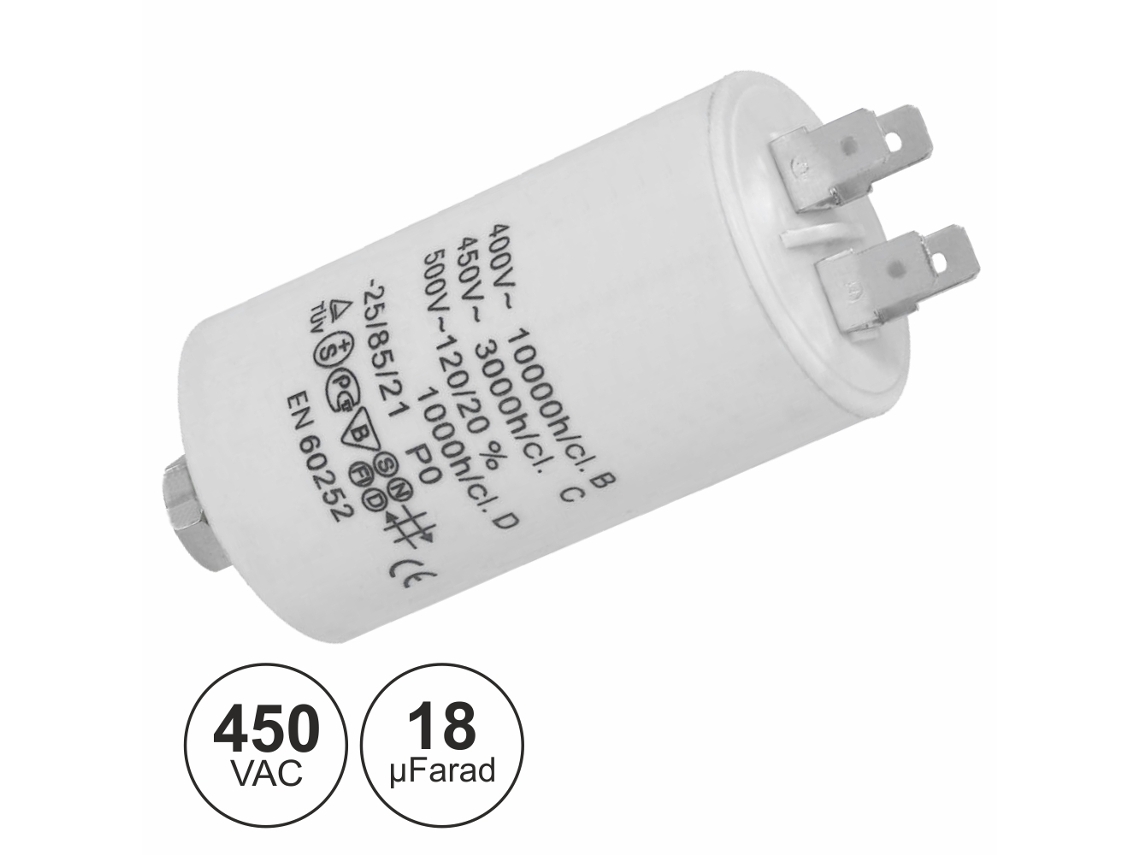 Condensador de arranque de 18 µF y 450 V con terminales Faston DIV.