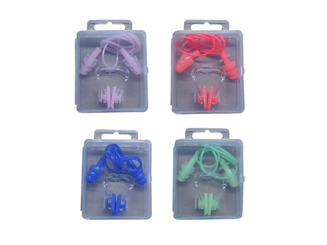 Tapones de silicona para los oídos con clip para la nariz y colores vibrantes.