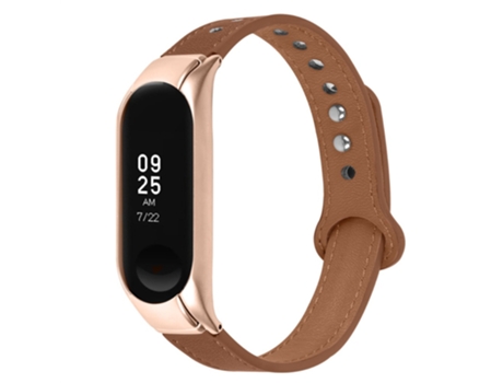 Correa de piel auténtica con doble remache de oro rosa para Xiaomi Mi Band 5/6 - castaño