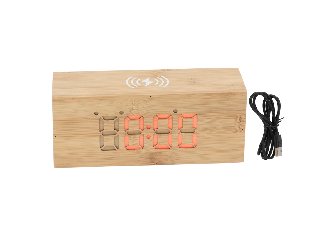 Reloj Despertador Madera Multifuncional Con Carga Inalámbrica Termómetro Led Digital Para Dormitorio