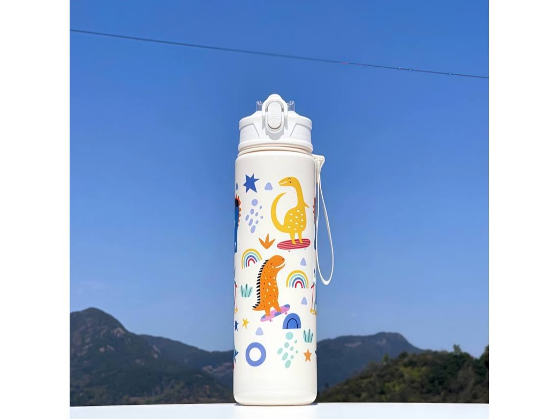 Botella de agua infantil, 750 ml de capacidad, fabricada en plástico ecológico. MDUG (Dinosaurio Blanco)