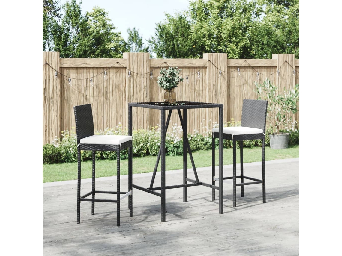 Conjunto de bar de jardín de 3 piezas con cojines de mimbre negros de DKD Home Decor