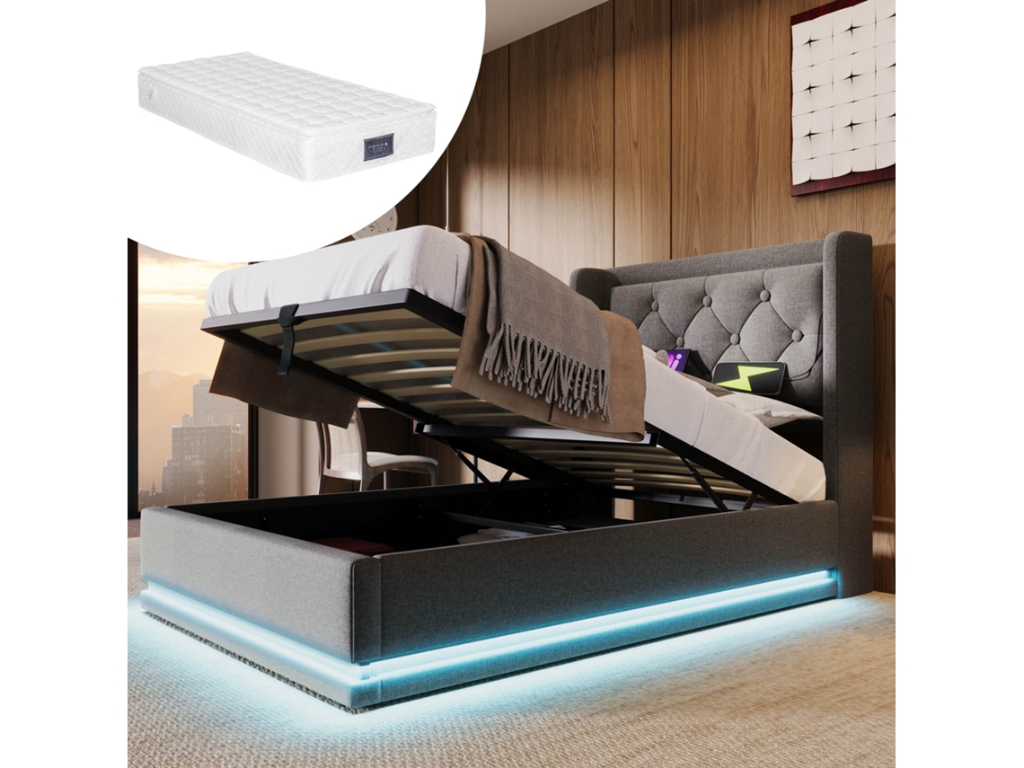 Cama Individual De 90x200 Cm Con Iluminación Led 360°, Sistema Hidráulico Y Usb-c, Color Gris, Con Colchón.