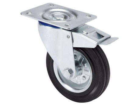 Rueda giratora placa freno 125-200-3 metalico-goma negra eje rodillos ALEX