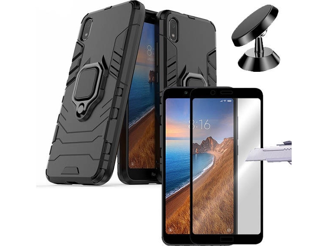 Kit Carcasa, Protector de Cristal 5D y Soporte Magnetico Auto Xiaomi Redmi 7A Military Defender Negro