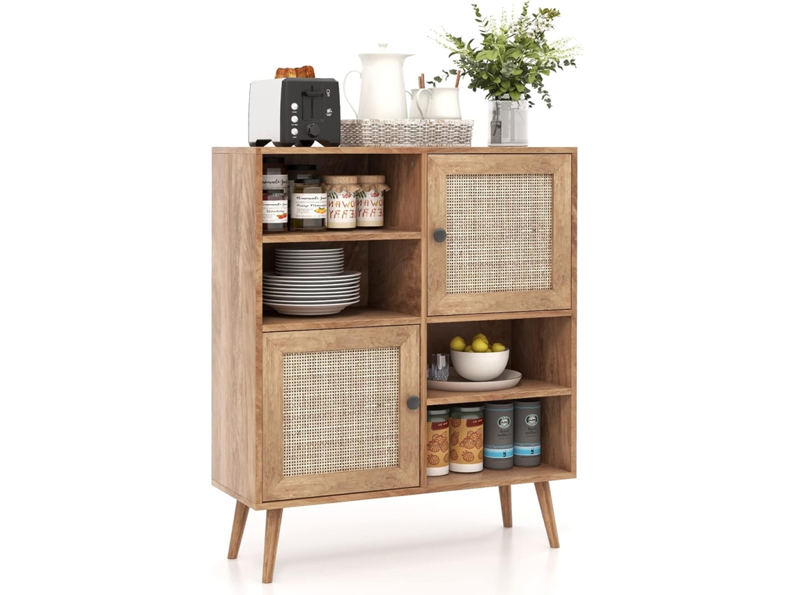 Aparador de Cocina de Rattan, Mueble Buffet Auxiliar con 4 Cubículos y 2 Puertas Decoradas con Rattan, Gabinete Credenza COSTWAY