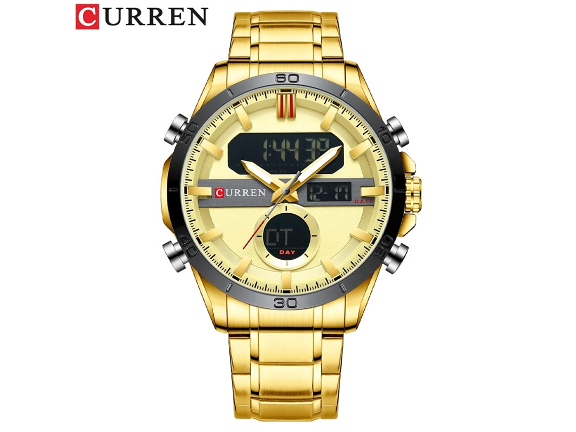 Reloj Multifuncional Para Hombre (dorado) Con Movimiento De Doble Pantalla, Fecha Luminosa Y Correa De Acero Inoxidable.