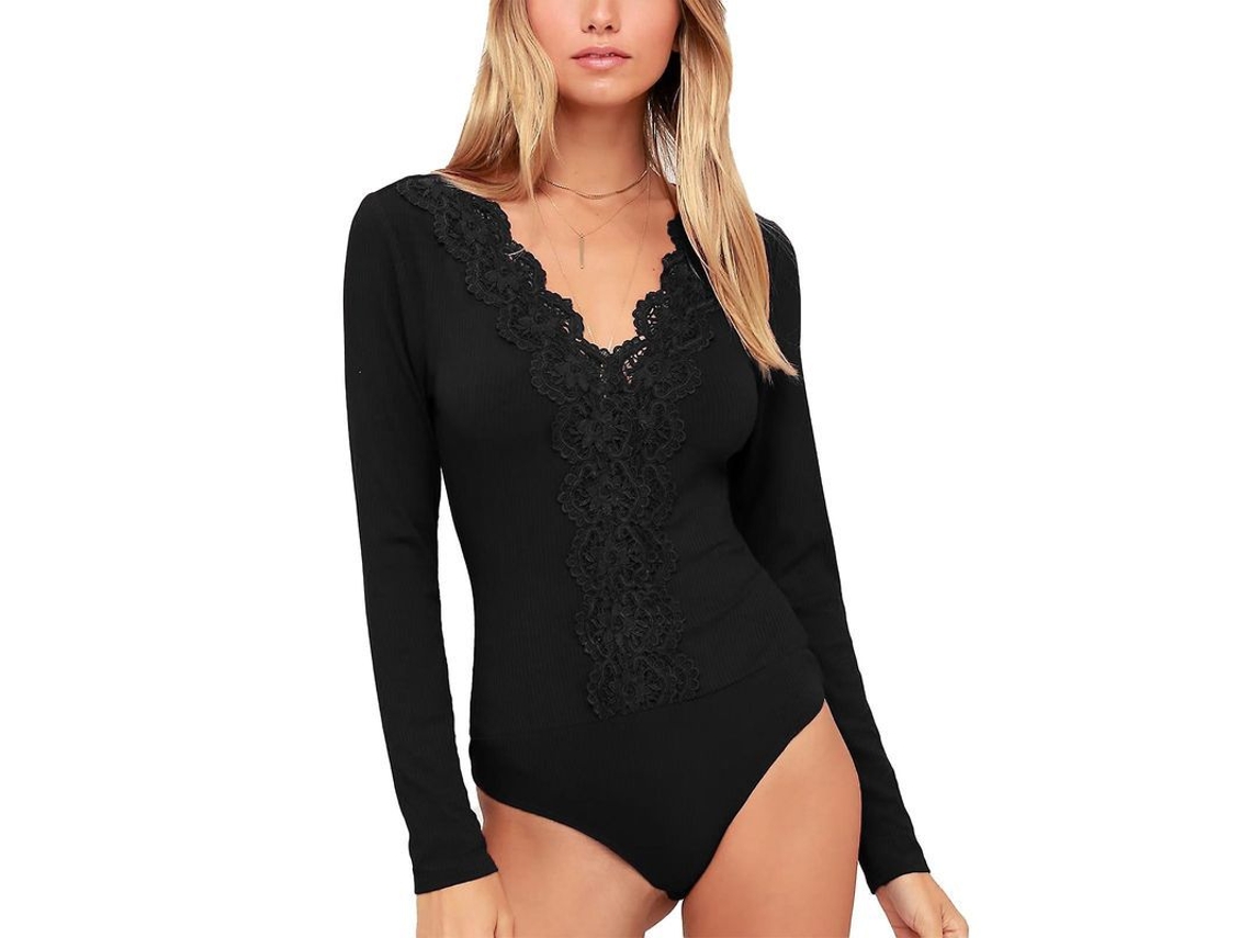 2026-body Malla Cuello V Manga Larga Encaje Monocromo Elegante Con Botones Para Fiesta Y Ocasiones Especiales