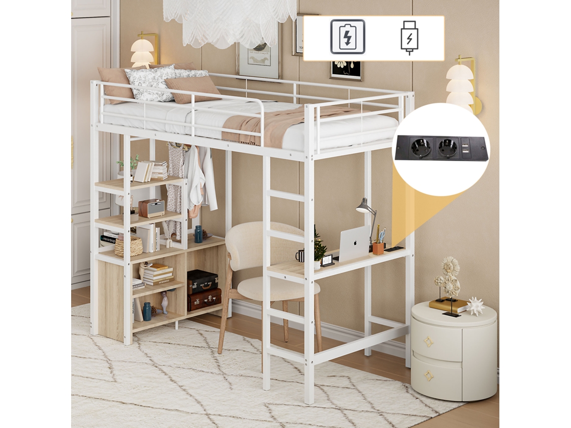 Cama alta de 90*200cm, sin colchón, con escritorio, toma de corriente y puerto USB, varias estanterías y armario abierto.