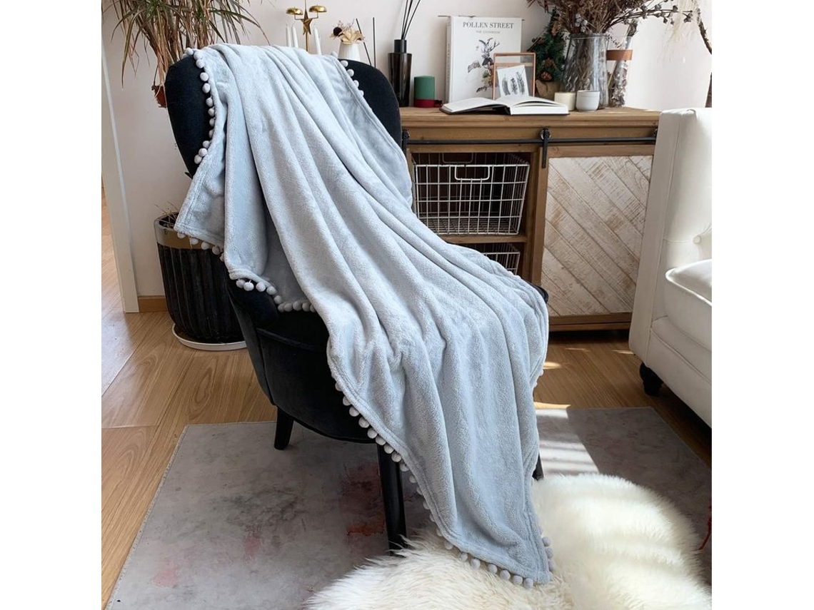 2026-40009-manta Flanela Con Flecos De Pompones Ligera Acogedora Suave Para Sofá Cama Temporadas 51x59 Pulgadas Gris Claro