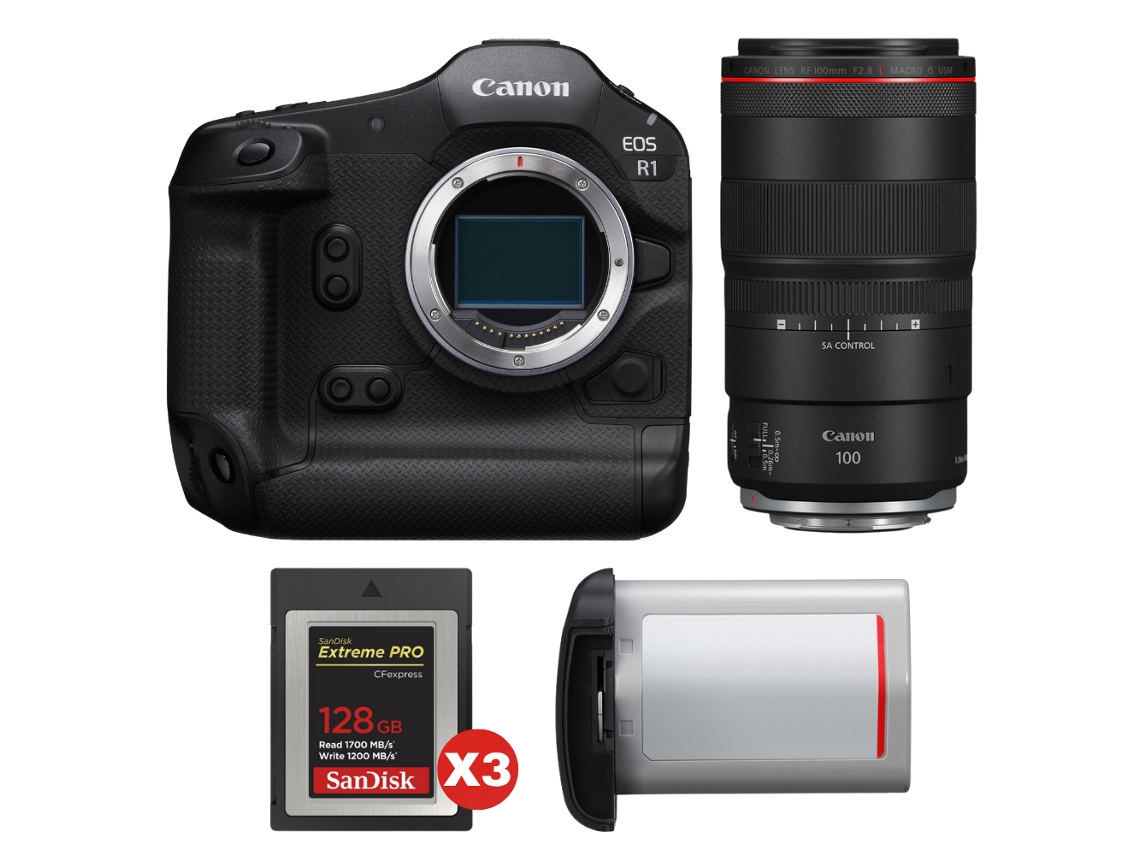 EOS R1 + RF 100mm F/2.8 L Macro IS USM + 3 tarjetas Sandisk Extreme Pro de 128 GB Cfexpress Tipo B + Canon LP E19 + Libro electrónico Pricedirect CANON