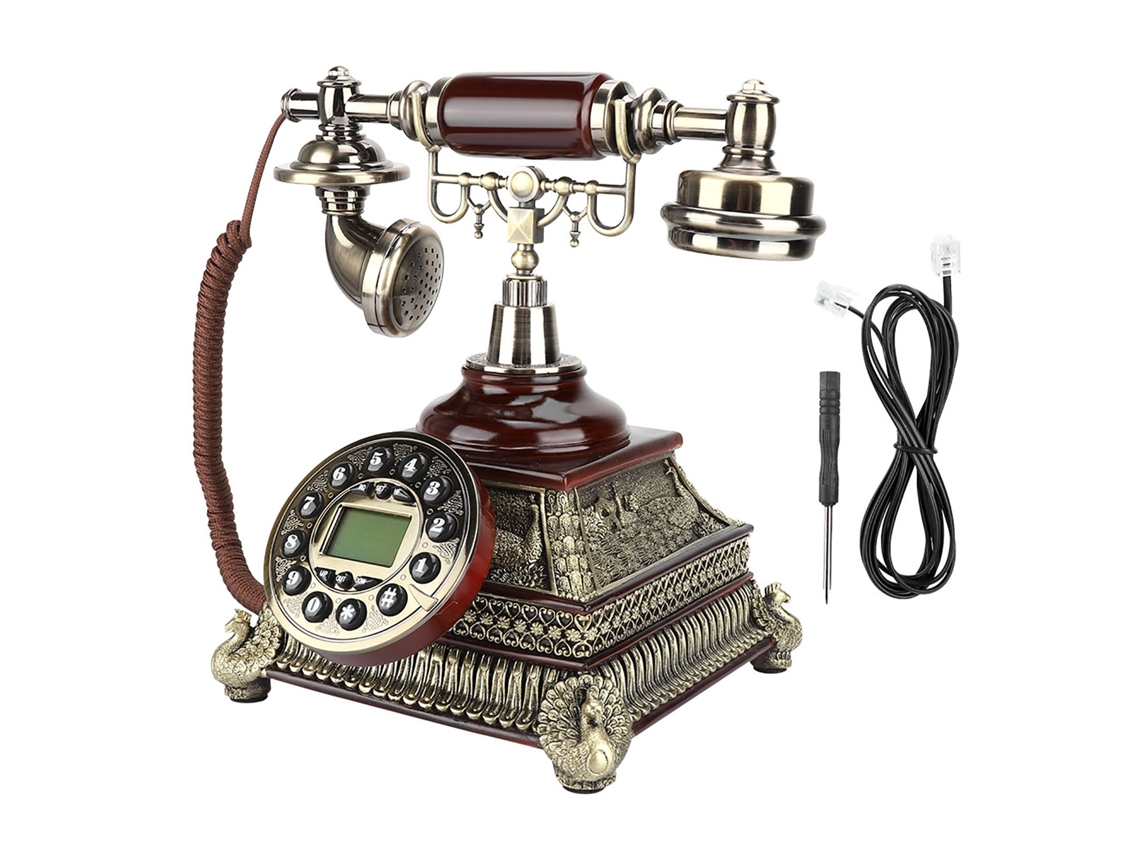 Teléfono antiguo europeo con diseño de madera estilo vintage