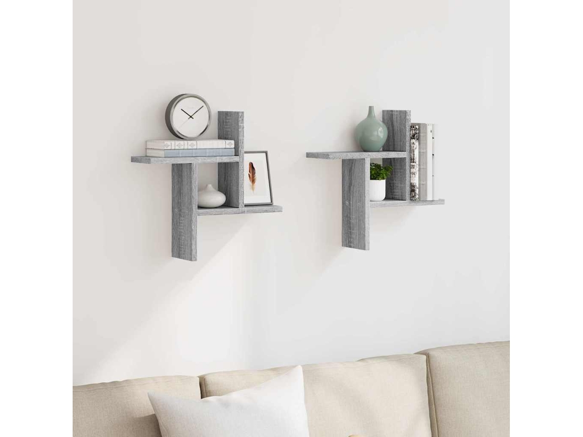Estante De Pared | Estante Flotante | Estantería Pared 2 Uds Madera Ingeniería Gris Sonoma 38x12x38cm