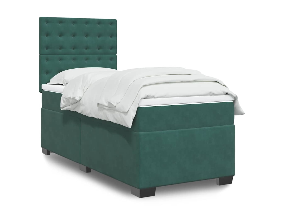 Cama Box Spring Con Colchón Terciopelo Verde Oscuro 100x200 Cm