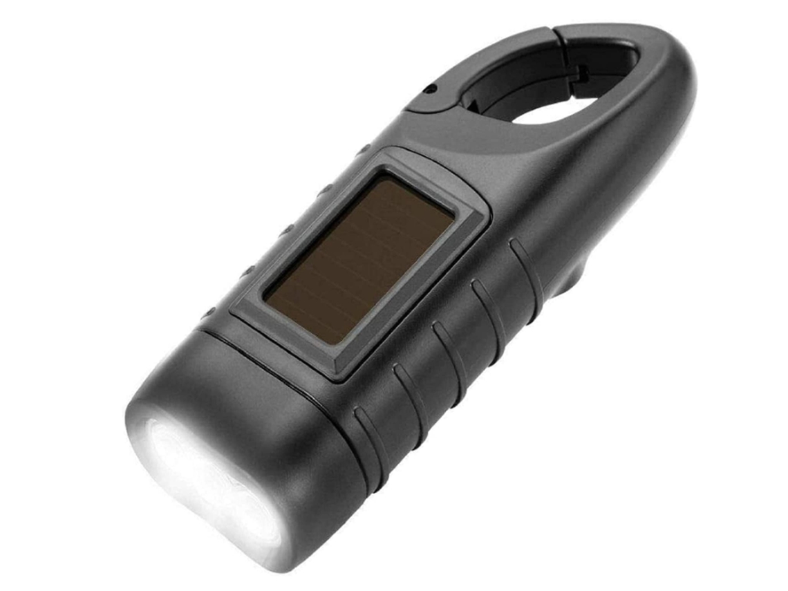 Linterna de mano de emergencia con manivela, linterna LED portátil con manivela de mano, energía solar, mosquetón de dínamo, energía, negro YIZHOOD