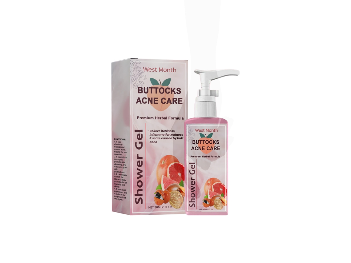 Gel de ducha para el tratamiento del acné en los glúteos. Limpiador corporal refrescante con extractos de pomelo y guaraná, 30 ml.