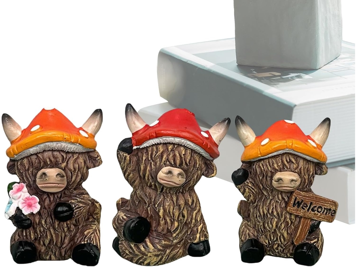 Figuritas De Vacas De Las Tierras Altas - Decoraciones Ganaderas Con Sombrero De Seta Escultura De Resina