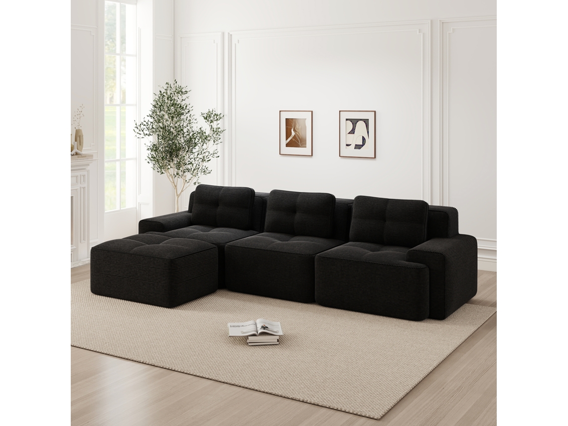 Sofá Modular En L 3 Plazas - Con Ottoman, Tapizado Pana - Negro