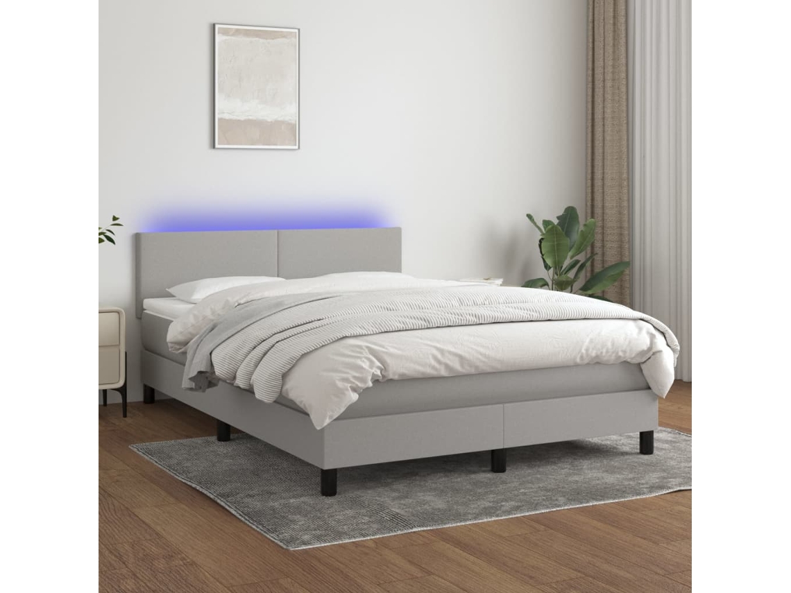 Cama Box Spring Con Colchón Tela Y Led Gris Claro 140x200 Cm
