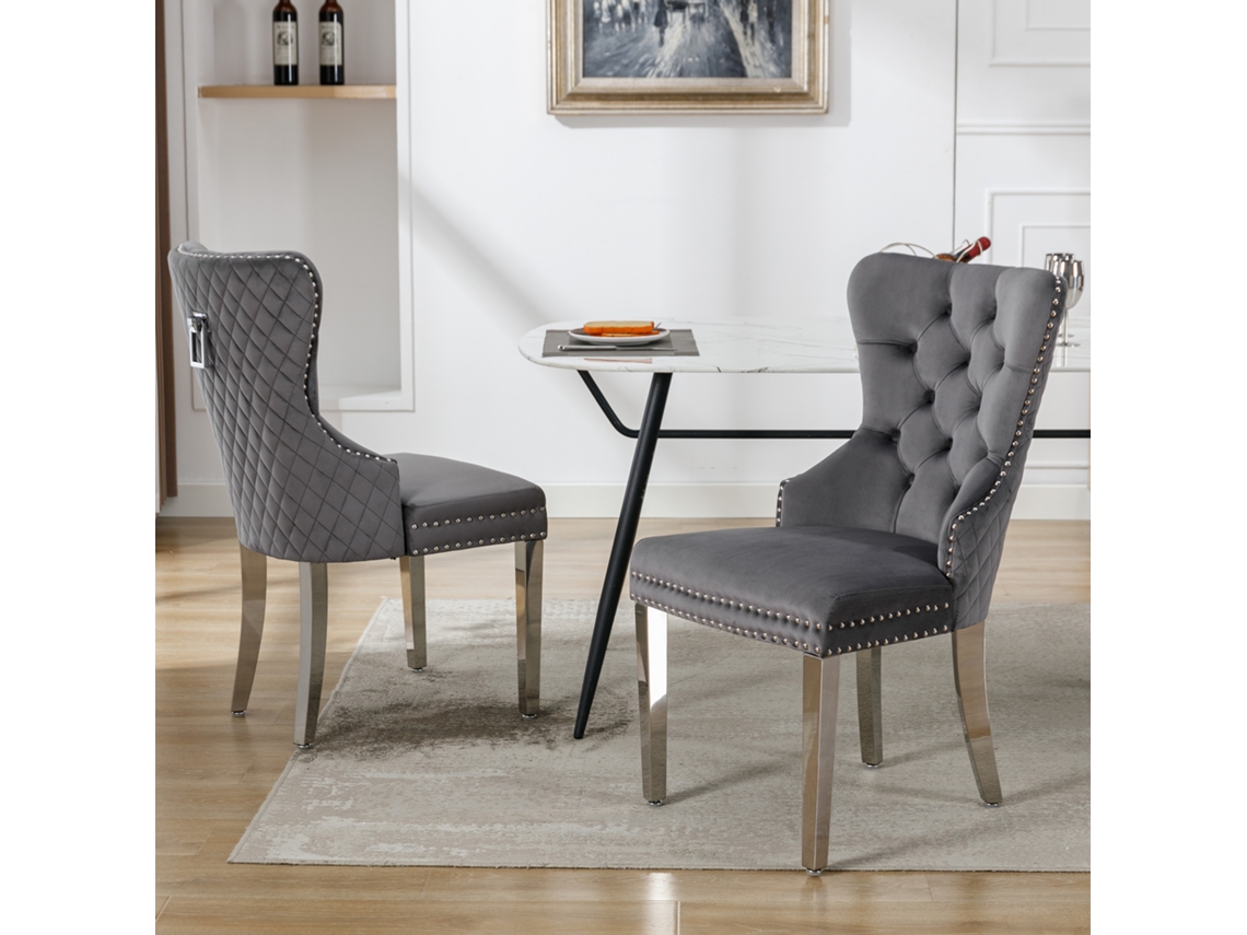 Silla De Comedor Con Tope De Puerta, 2 Piezas, Tachuelas, Terciopelo Gris.