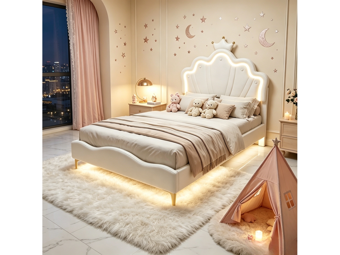 Cama Infantil Princesa 140x190cm, Cabecera De Nube Y Corona En Cuero Pu, Led Rgb Regulable, Somier De Láminas, Blanco