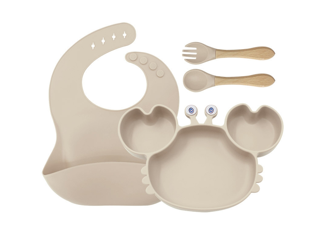 Set De Cuatro Piezas De Silicona Beige Para Bebés: Platos, Delantales Y Cubiertos Con Estampado De Cangrejo, No Adhesivos, Sin Bpa