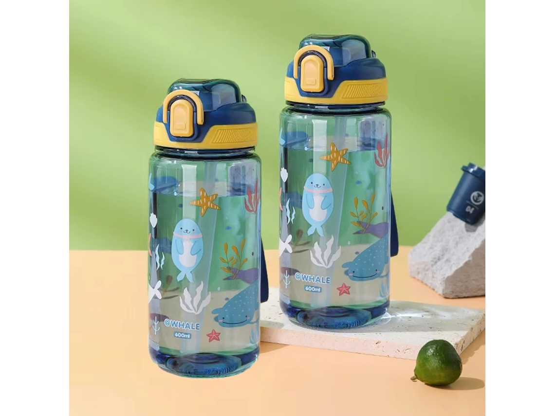 Botella de agua de 600 ml con estampado de animales, con pajita y anticaídas. Mdug (azul, 2 unidades)