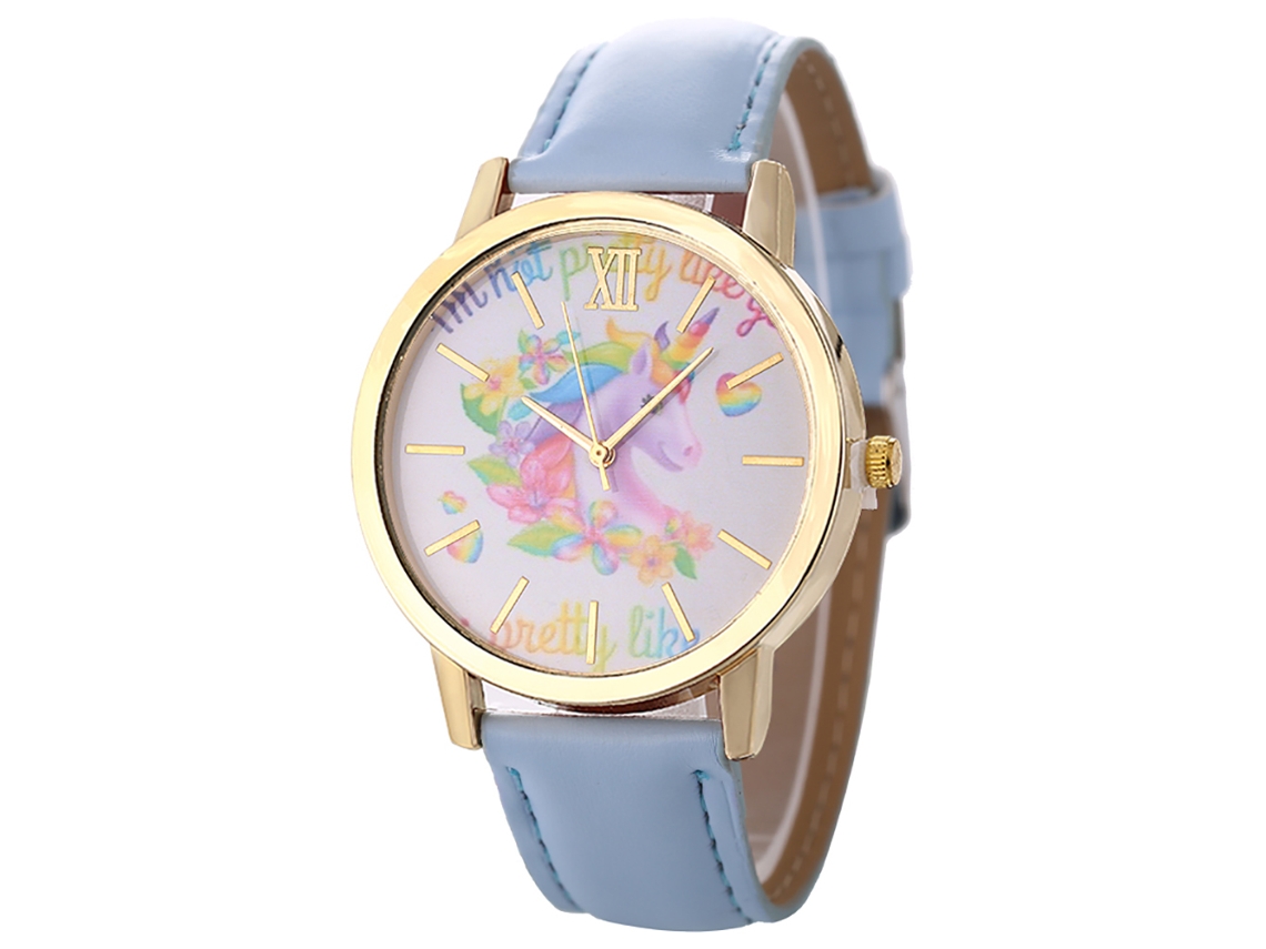 Reloj De Pulsera Unicornio Para Mujer De Cuero Pu Moda Casual Zlf0573-f Azul Claro