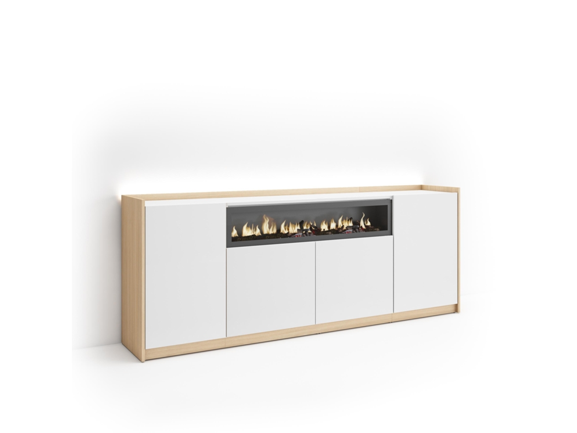 Aparador Para Salón, 207x37x80cm, 4 Puertas, Chimenea Eléctrica, Led, Blanco Y Roble Soft