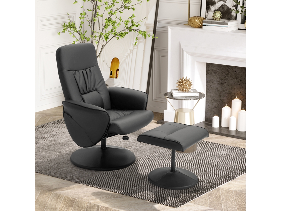 VPMKP - Homcom sillón relax reclinable 145° giratorio 360°, tapizado en PU, respaldo ajustable, para casa y oficina, negro