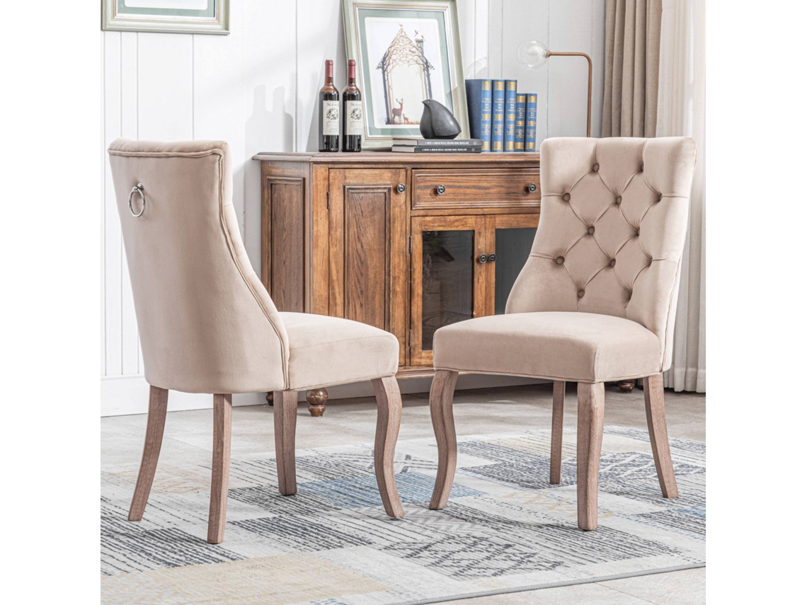 Juego de 2 sillas tapizadas en terciopelo con patas de madera maciza estilo beige
