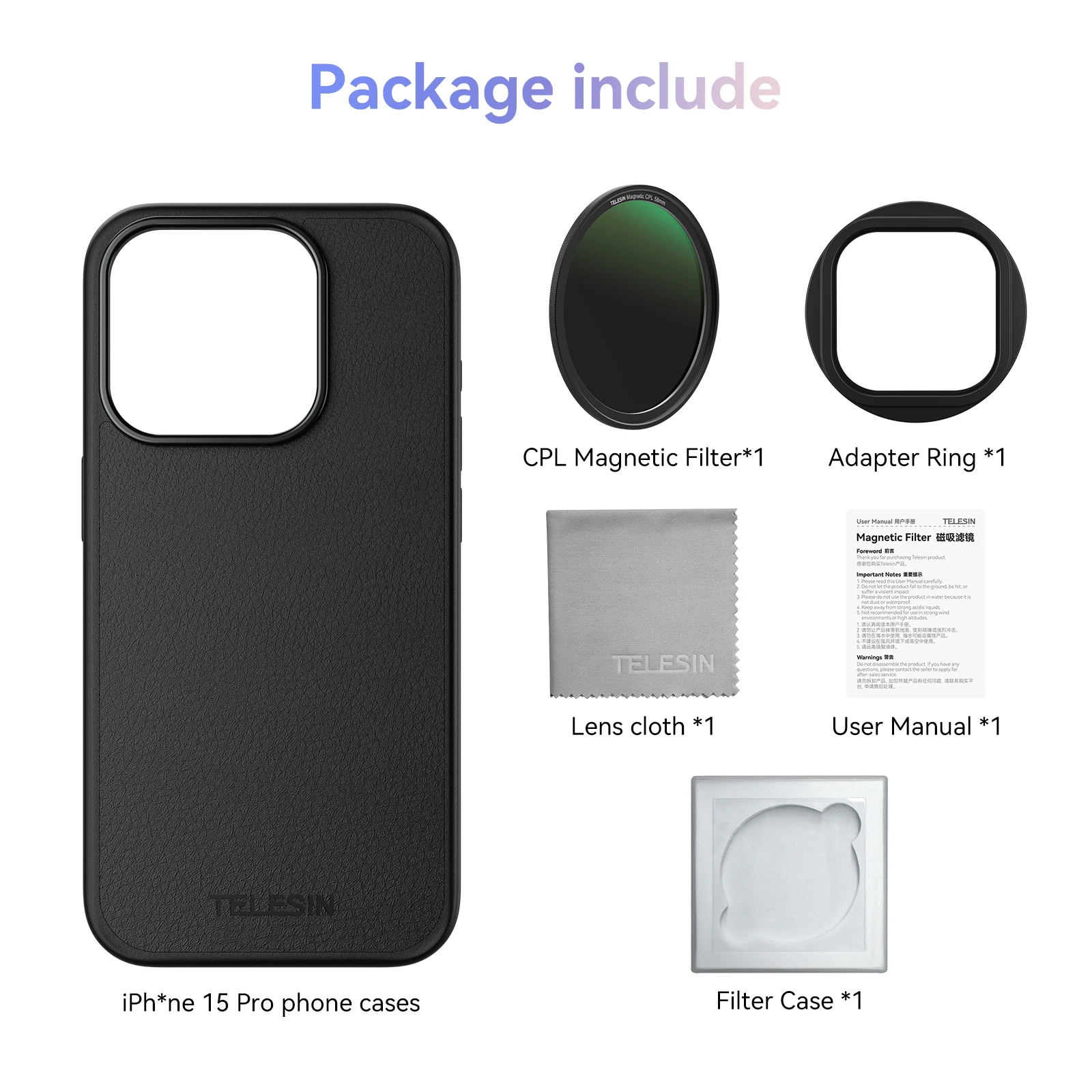 Filtro CPL para iPhone 15 Pro con funda protectora