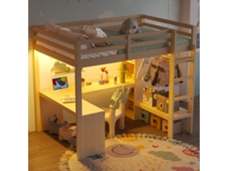 Cama Alta 140x200 - Estanterías Multifunción, Escritorio Inferior, Luz Led Y Usb - Natural