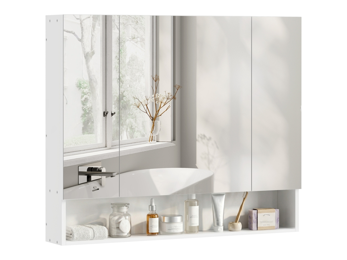 Armario de baño con espejo, 3 puertas y estantes, blanco.
