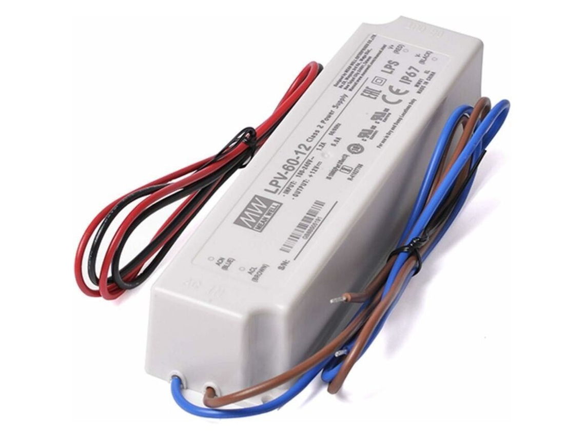 Fuente De Alimentación Meanwell Lpv-60-12 Ip67 Resistente Al Agua, 12 V, 60 W, 5 A, Para Tiras Led De Exterior.