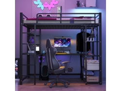 Litera Mezzanine 90x200cm, Escritorio, Armario, Estanterías, Capacidad 120kg, Sin Colchón, Negro