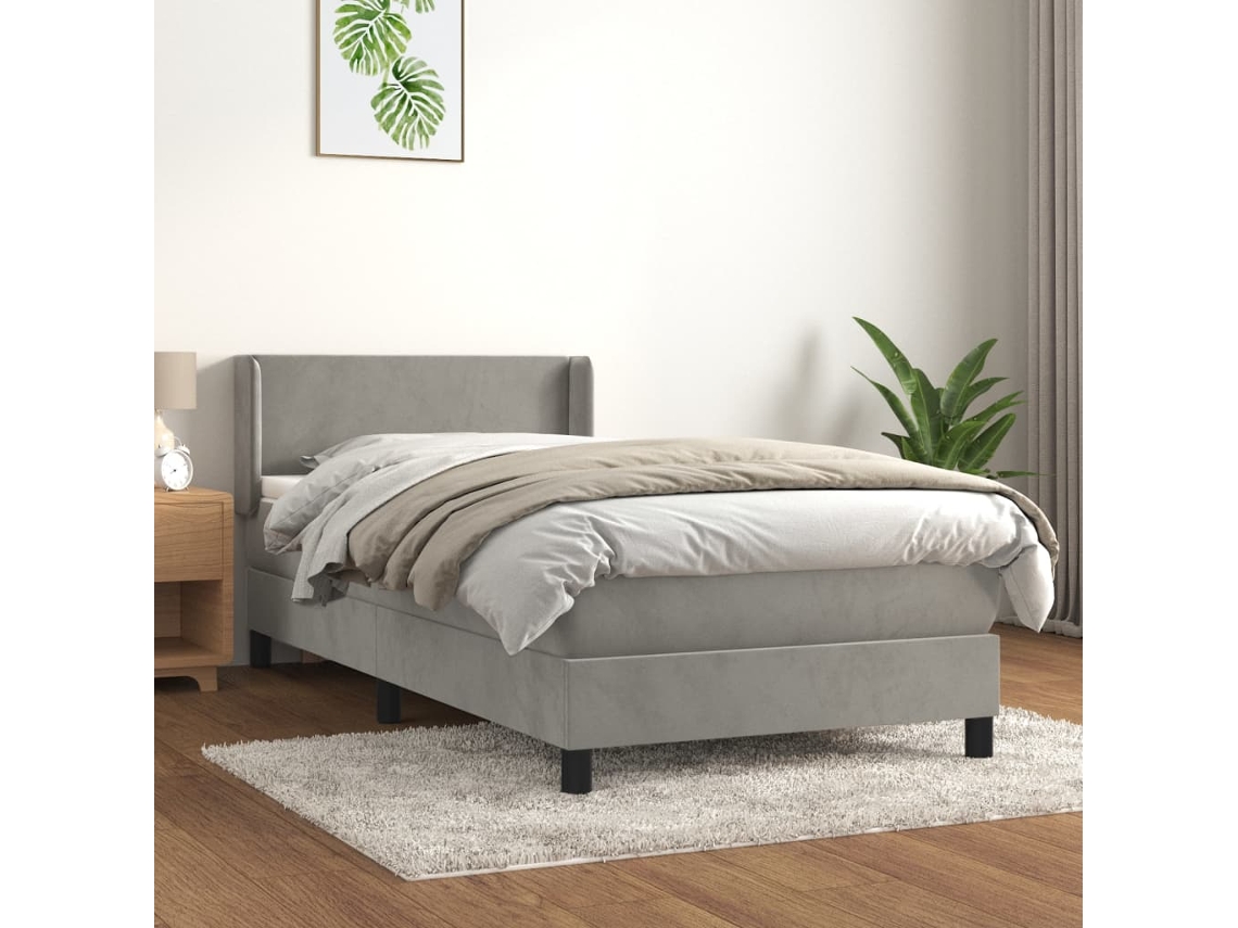 Cama Box Spring Con Colchón Terciopelo Gris Claro 100x200 Cm