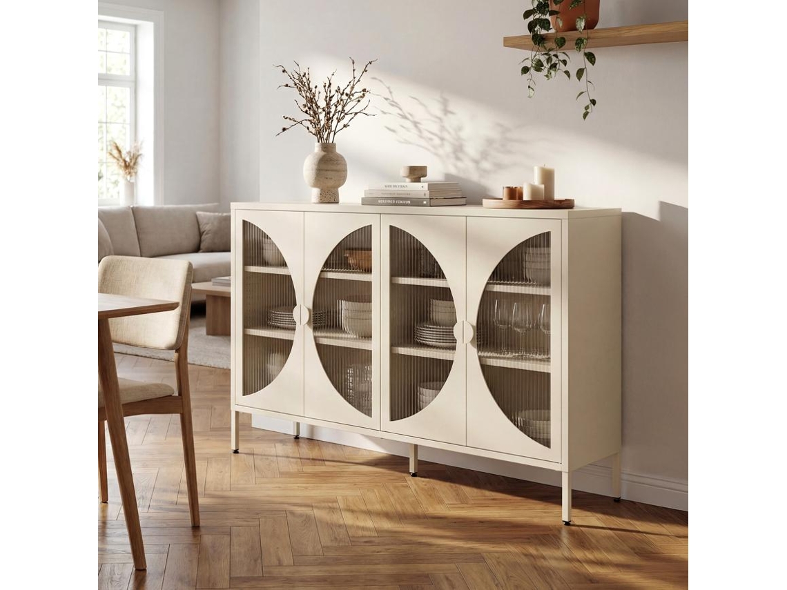 Aparador Industrial De Metal 4 Puertas Beige Y Vidrio Acanalado 140cm Elio