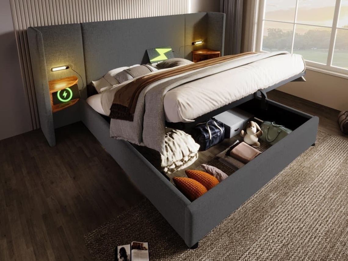 Cama Contenedor Lino 160x200 Cm - Mesitas Noche, Luz Lectura, Función Carga, Somier - Gris