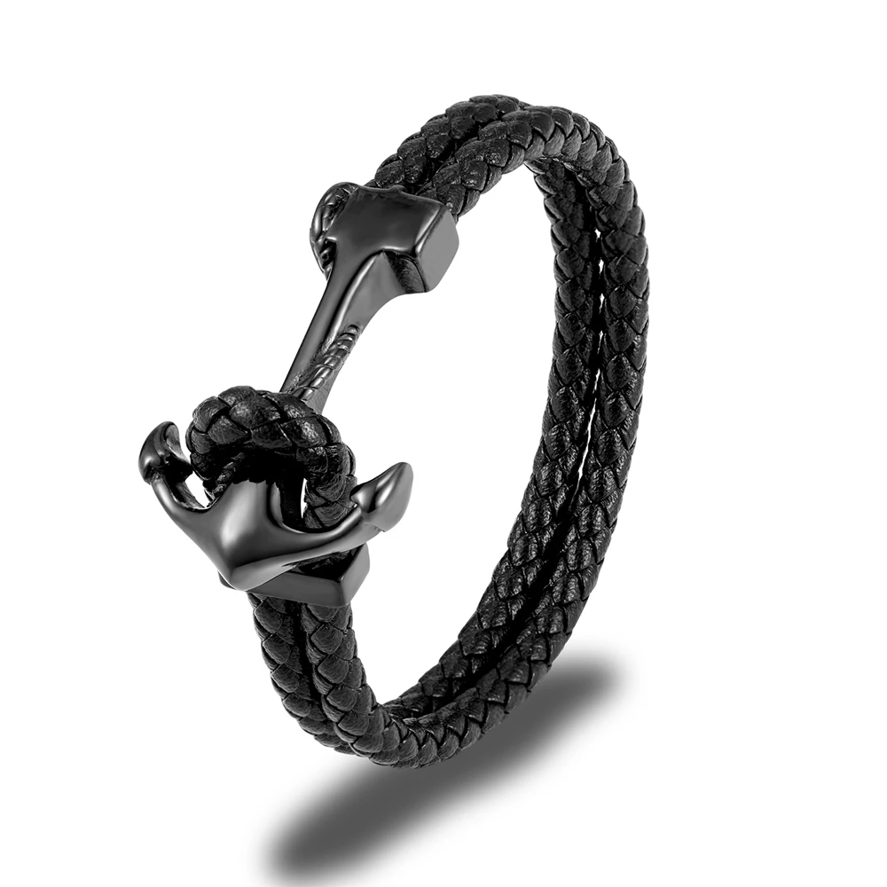Pulsera De Cuero Genuino Con Forma De Ancla New Hope Para Hombre (negra, 21 Cm), Con Colgante De Acero Inoxidable.