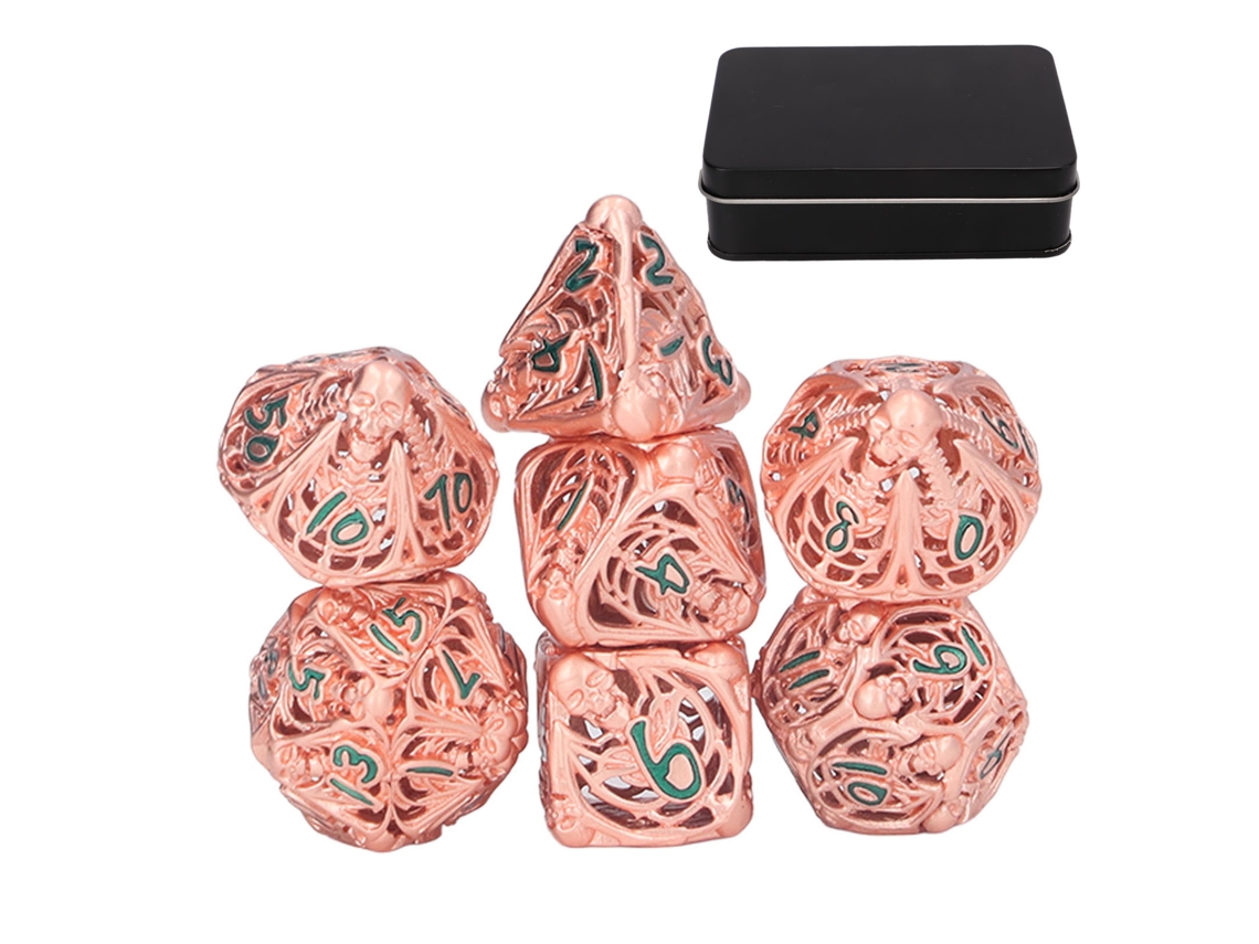 Set De 7 Dados Metálicos Polihédricos Huecos Con Patrón De Calavera Para Juegos De Mesa Y Cartas De Fiesta Rojo Cobre