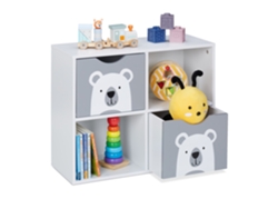 Relaxdays Estantería Infantil Con Osos, 48 X 60 X 24,5 Cm, Organizador Juguetes Cuarto Niños, Juguetero, Blanco Y Gris