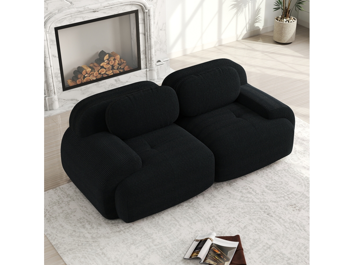 Sofá de dos plazas en tejido acanalado, modular, sin estructura, con brazos curvos, base antideslizante, espuma de alta densidad, color negro.