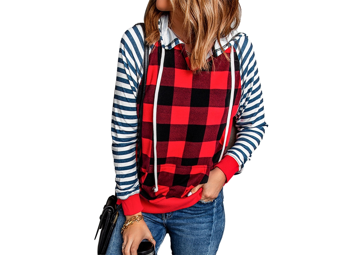 Kkpm-sudadera Con Capucha Para Mujer Casual A Cuadros Rayas Contraste Color Rojo Xl Lc2539409 Navidad