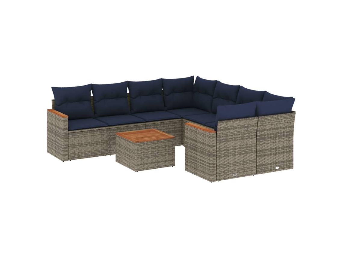 Conjunto de sofá de jardín de 9 piezas con cojines, ratán gris. EXCLUSIVO DE MAISON.