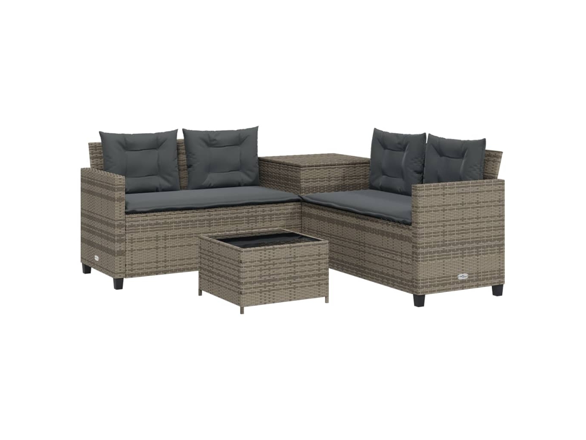 Sofá de jardín en forma de L con mesa y cojines, mimbre gris, MAISON EXCLUSIVE (sin dimensiones)